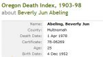 Oregon Death Record for Beverly Jun Abeling