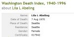 Death record for Lila Page Abeling